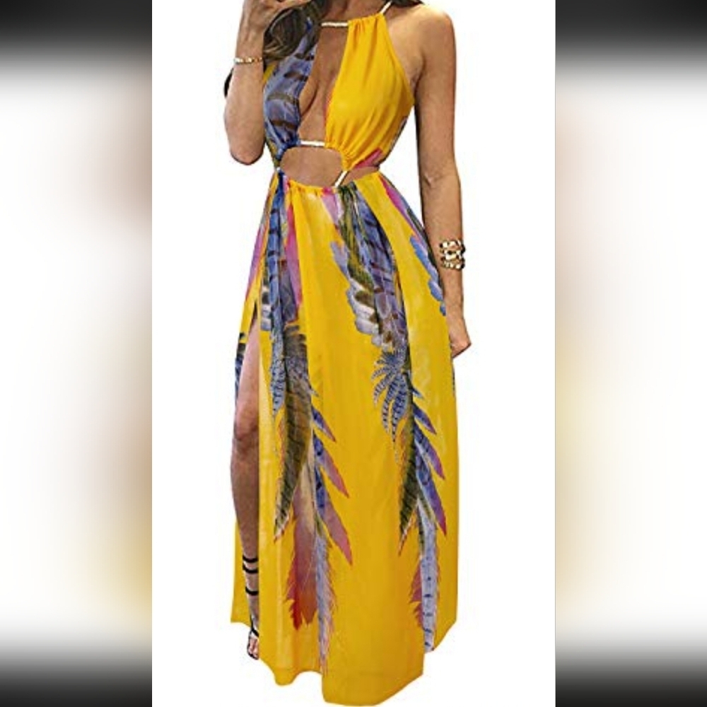 Vibrant Yellow and Blue Feather Print Swim Coverup